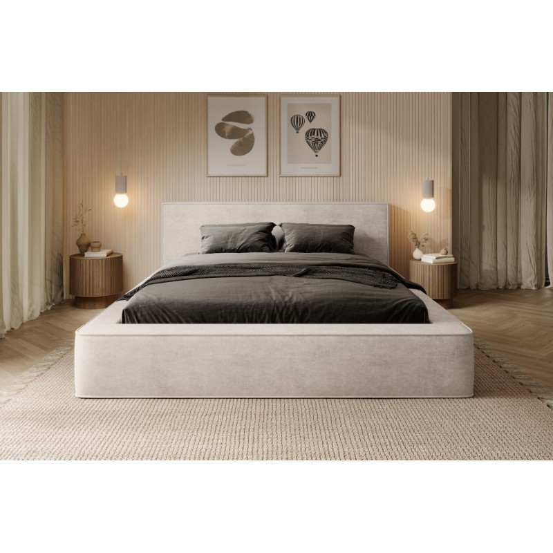 Lit coffre DENALI – Perle – 180x200 cm – Tissu velours doux – Sommier relevable – Rangement intégré