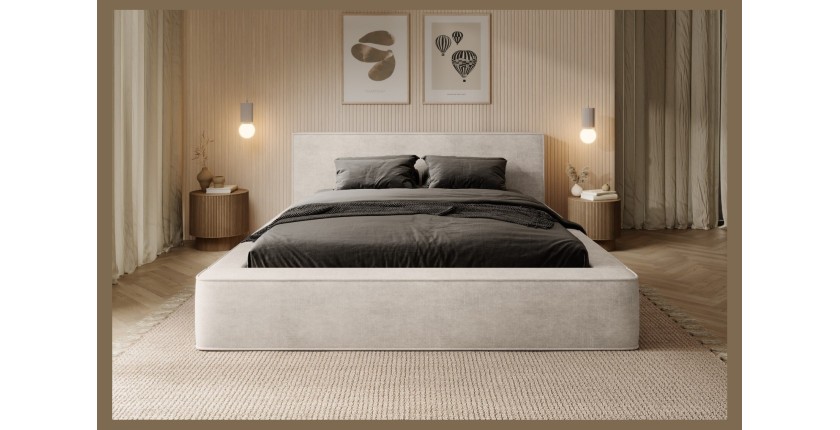 Lit coffre DENALI – Perle – 180x200 cm – Tissu velours doux – Sommier relevable – Rangement intégré