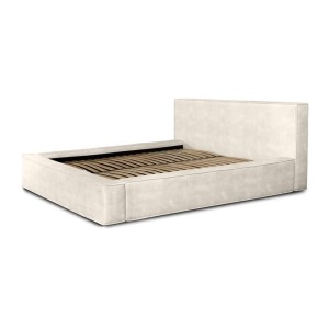 Lit coffre DENALI – Perle – 160x200 cm – Tissu velours doux – Sommier relevable – Rangement intégré 