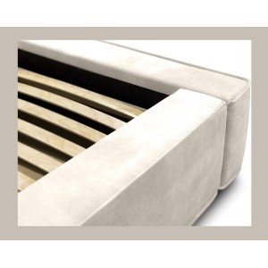 Lit coffre DENALI – Perle – 160x200 cm – Tissu velours doux – Sommier relevable – Rangement intégré 