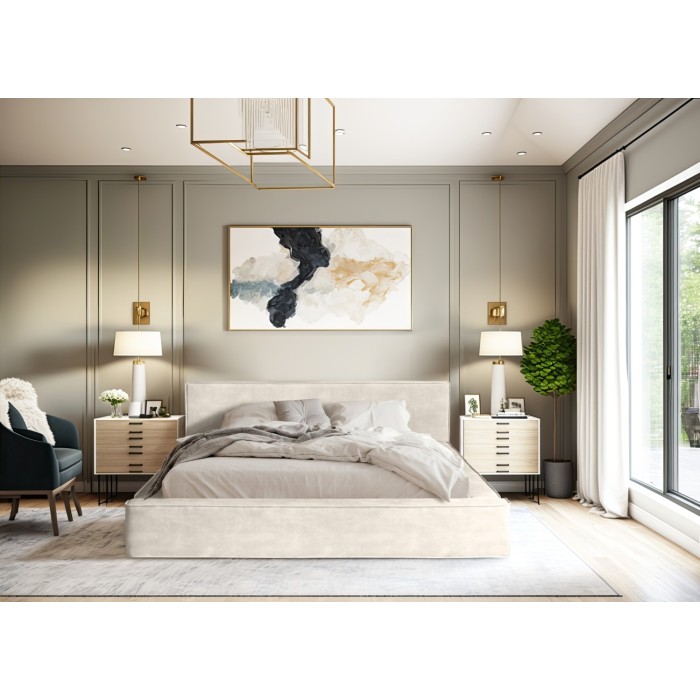 Lit coffre DENALI – Perle – 160x200 cm – Tissu velours doux – Sommier relevable – Rangement intégré 