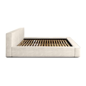 Lit coffre DENALI – Perle – 140x200 cm – Tissu velours doux – Sommier relevable – Rangement intégré 