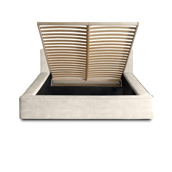 Lit coffre DENALI – Perle – 140x200 cm – Tissu velours doux – Sommier relevable – Rangement intégré 