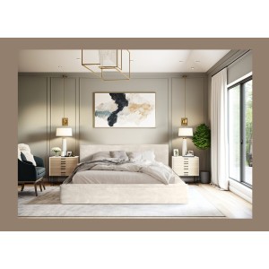 Lit coffre DENALI – Perle – 140x200 cm – Tissu velours doux – Sommier relevable – Rangement intégré 