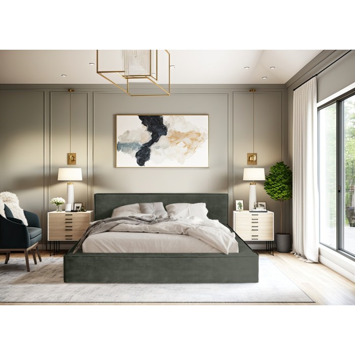 Lit coffre DENALI – Vert sapin – 160x200 cm – Tissu velours doux – Sommier relevable – Rangement intégré 