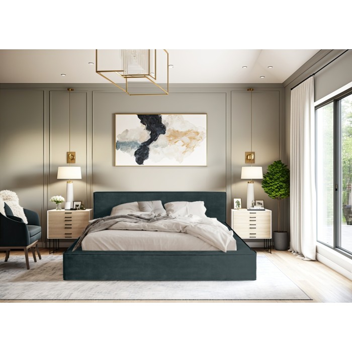 Lit coffre DENALI – Vert émeraude – 140x200 cm – Tissu velours doux – Sommier relevable – Rangement intégré 