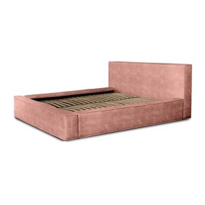 Lit coffre DENALI – Corail – 180x200 cm – Tissu velours doux – Sommier relevable – Rangement intégré 