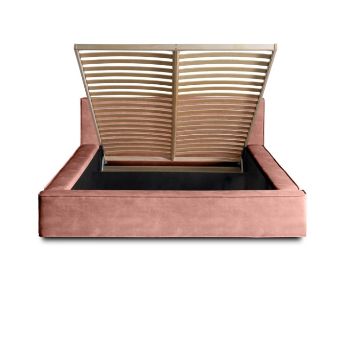 Lit coffre DENALI – Corail – 180x200 cm – Tissu velours doux – Sommier relevable – Rangement intégré 