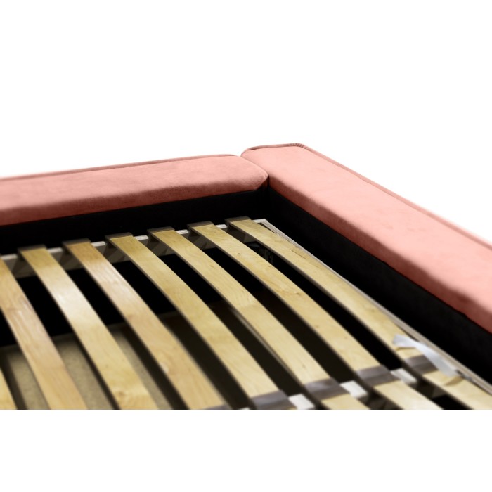 Lit coffre DENALI – Corail – 180x200 cm – Tissu velours doux – Sommier relevable – Rangement intégré 