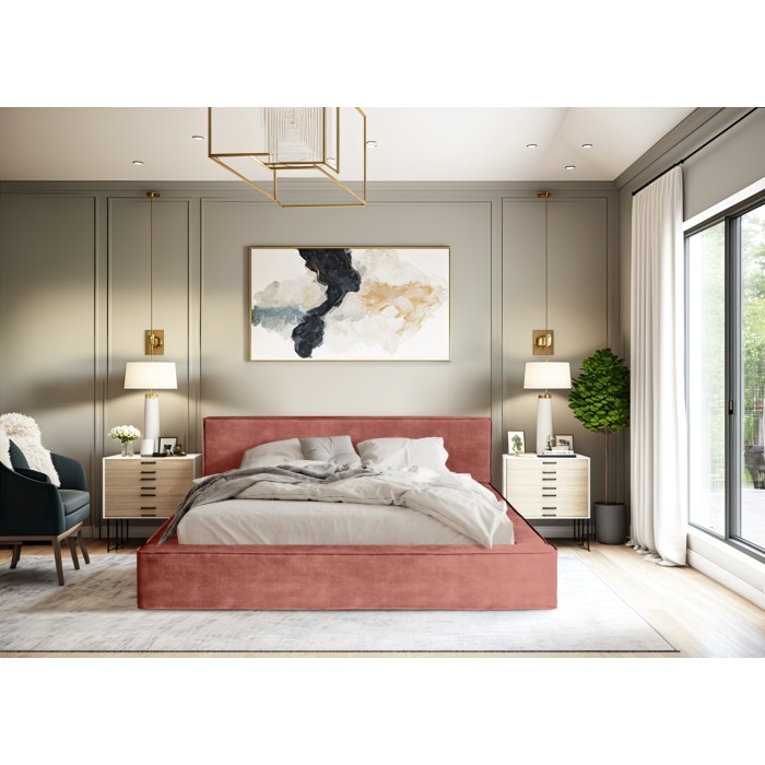 Lit coffre DENALI – Corail – 180x200 cm – Tissu velours doux – Sommier relevable – Rangement intégré 