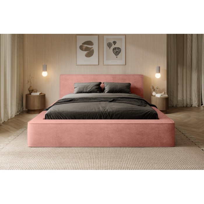 Lit coffre DENALI – Corail – 180x200 cm – Tissu velours doux – Sommier relevable – Rangement intégré
