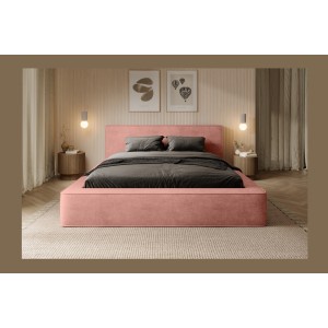 Lit coffre DENALI – Corail – 180x200 cm – Tissu velours doux – Sommier relevable – Rangement intégré