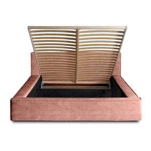 Lit coffre DENALI – Corail – 160x200 cm – Tissu velours doux – Sommier relevable – Rangement intégré 