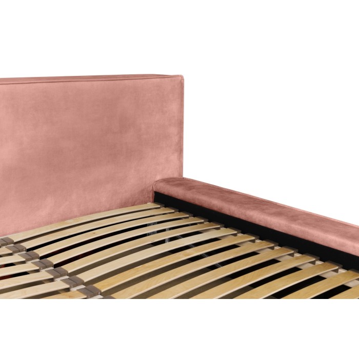 Lit coffre DENALI – Corail – 160x200 cm – Tissu velours doux – Sommier relevable – Rangement intégré 