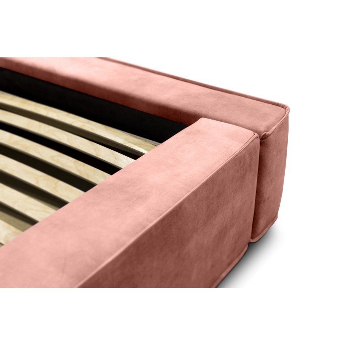 Lit coffre DENALI – Corail – 160x200 cm – Tissu velours doux – Sommier relevable – Rangement intégré 