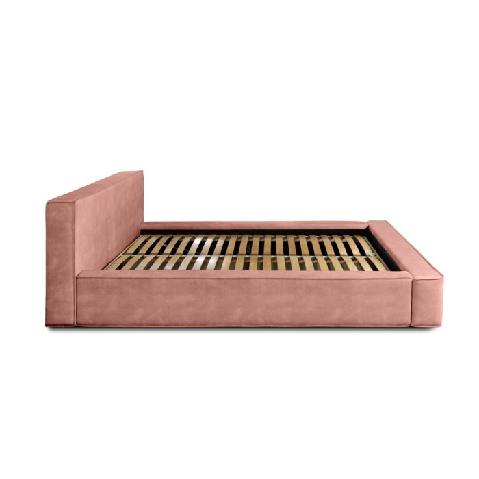 Lit coffre DENALI – Corail – 140x200 cm – Tissu velours doux – Sommier relevable – Rangement intégré 