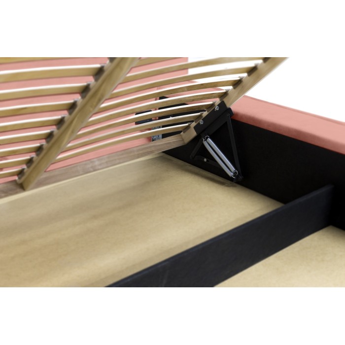 Lit coffre DENALI – Corail – 140x200 cm – Tissu velours doux – Sommier relevable – Rangement intégré 