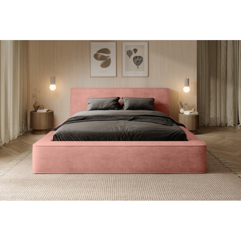 Lit coffre DENALI – Corail – 140x200 cm – Tissu velours doux – Sommier relevable – Rangement intégré