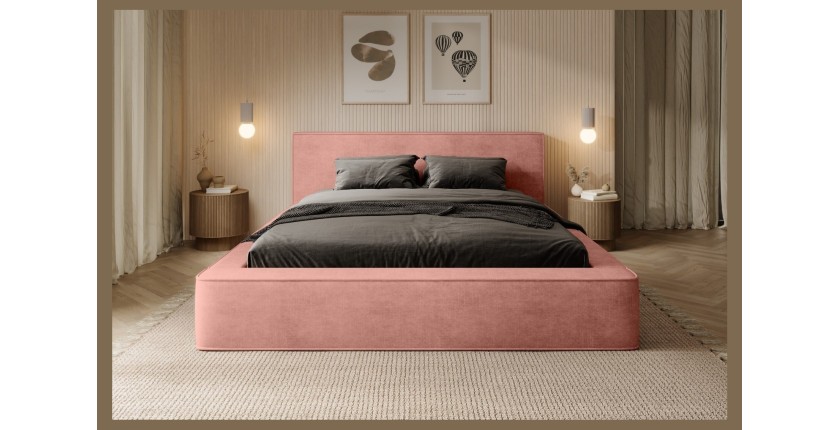Lit coffre DENALI – Corail – 140x200 cm – Tissu velours doux – Sommier relevable – Rangement intégré