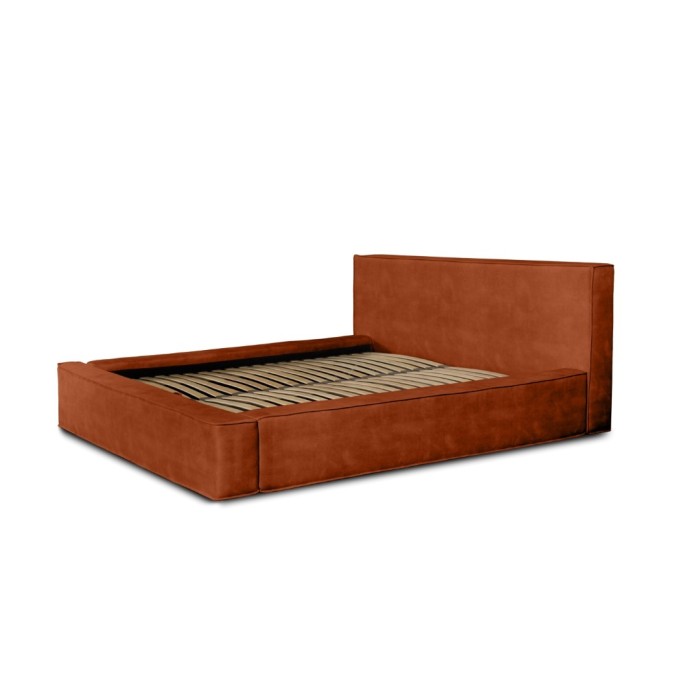 Lit coffre DENALI – Terracotta – 160x200 cm – Tissu velours doux – Sommier relevable – Rangement intégré 