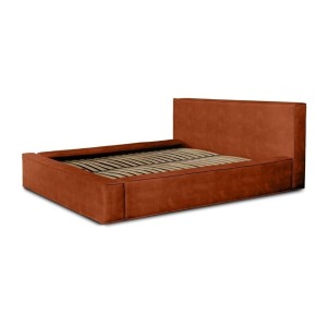 Lit coffre DENALI – Terracotta – 160x200 cm – Tissu velours doux – Sommier relevable – Rangement intégré 