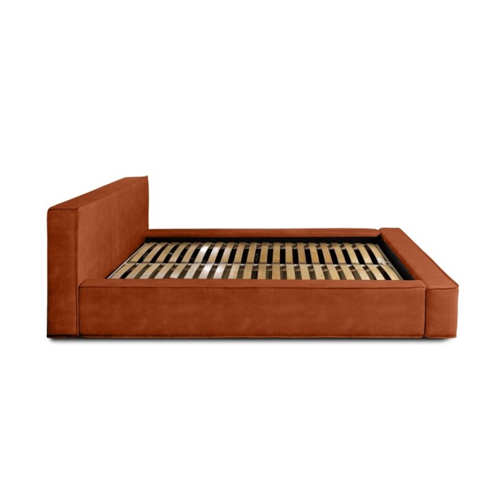 Lit coffre DENALI – Terracotta – 160x200 cm – Tissu velours doux – Sommier relevable – Rangement intégré 