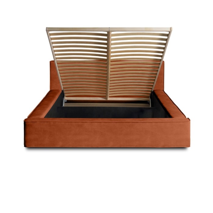 Lit coffre DENALI – Terracotta – 160x200 cm – Tissu velours doux – Sommier relevable – Rangement intégré 