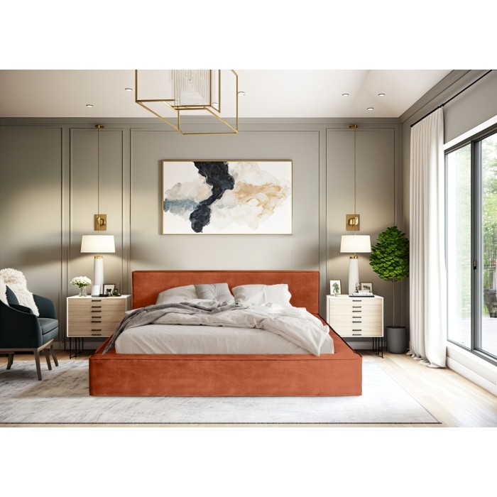 Lit coffre DENALI – Terracotta – 160x200 cm – Tissu velours doux – Sommier relevable – Rangement intégré 