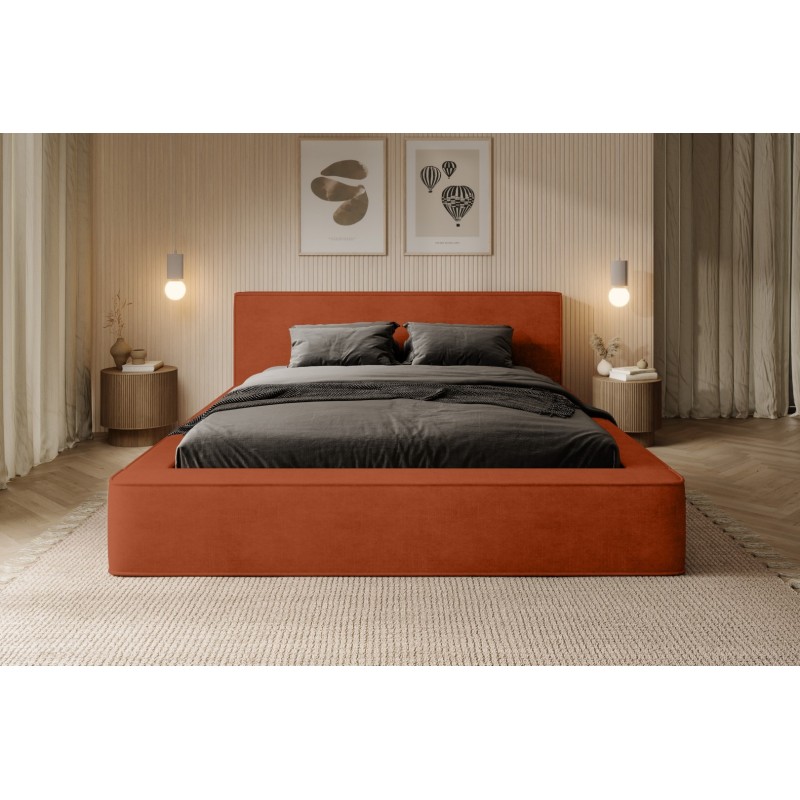 Lit coffre DENALI – Terracotta – 160x200 cm – Tissu velours doux – Sommier relevable – Rangement intégré