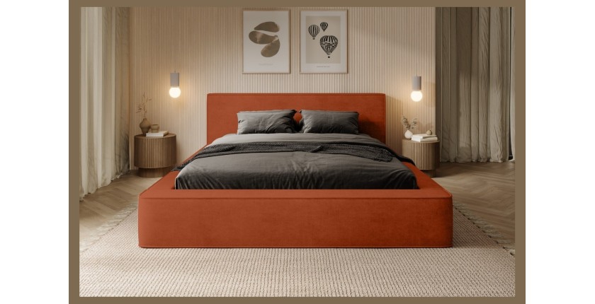 Lit coffre DENALI – Terracotta – 160x200 cm – Tissu velours doux – Sommier relevable – Rangement intégré
