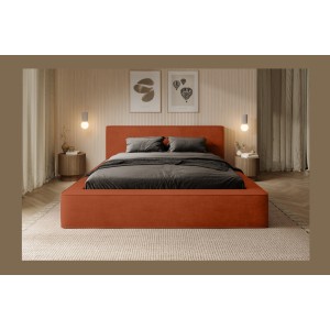 Lit coffre DENALI – Terracotta – 160x200 cm – Tissu velours doux – Sommier relevable – Rangement intégré