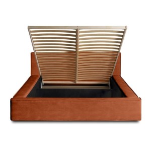 Lit coffre DENALI – Terracotta – 140x200 cm – Tissu velours doux – Sommier relevable – Rangement intégré 