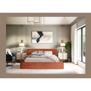 Lit coffre DENALI – Terracotta – 140x200 cm – Tissu velours doux – Sommier relevable – Rangement intégré 