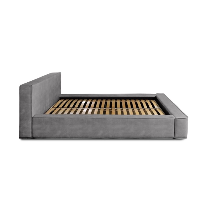 Lit coffre DENALI – Gris clair – 180x200 cm – Tissu velours doux – Sommier relevable – Rangement intégré 
