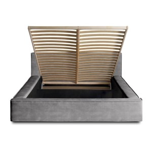 Lit coffre DENALI – Gris clair – 180x200 cm – Tissu velours doux – Sommier relevable – Rangement intégré 