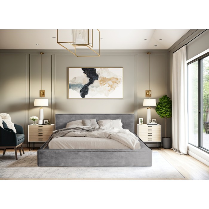 Lit coffre DENALI – Gris clair – 180x200 cm – Tissu velours doux – Sommier relevable – Rangement intégré 