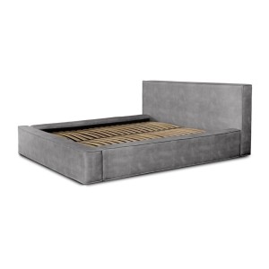 Lit coffre DENALI – Gris clair – 160x200 cm – Tissu velours doux – Sommier relevable – Rangement intégré 