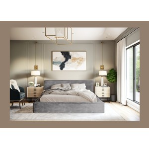 Lit coffre DENALI – Gris clair – 160x200 cm – Tissu velours doux – Sommier relevable – Rangement intégré 