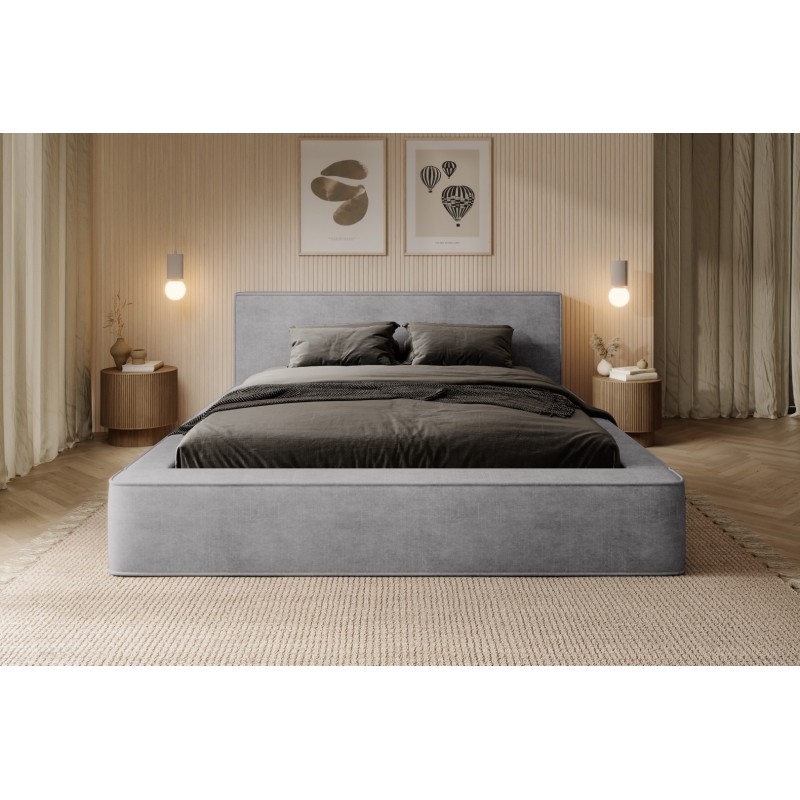 Lit coffre DENALI – Gris clair – 160x200 cm – Tissu velours doux – Sommier relevable – Rangement intégré