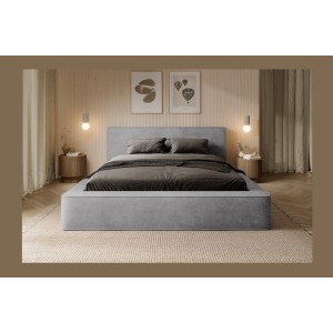 Lit coffre DENALI – Gris clair – 160x200 cm – Tissu velours doux – Sommier relevable – Rangement intégré