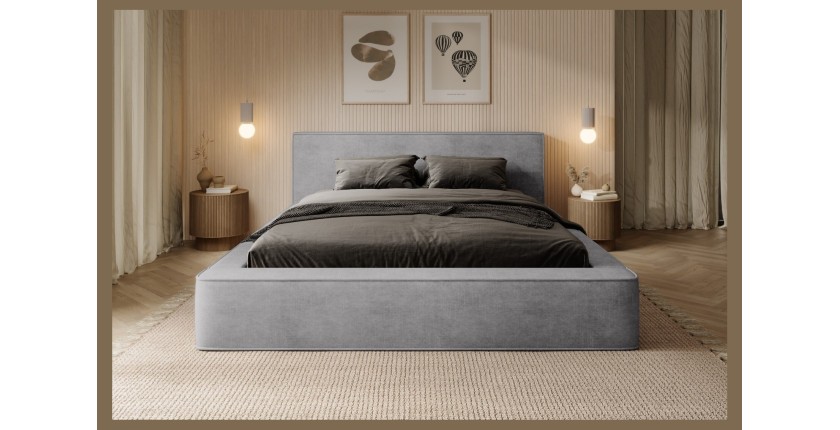 Lit coffre DENALI – Gris clair – 140x200 cm – Tissu velours doux – Sommier relevable – Rangement intégré