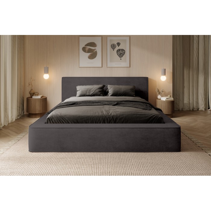 Lit coffre DENALI – Gris anthracite – 140x200 cm – Tissu velours doux – Rangement intégré – Confort haut de gamme