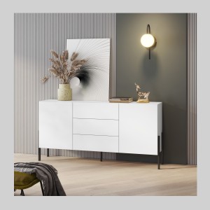 Buffet SALMA 2 portes & 3 tiroirs Push-to-Open – Blanc Super Matt & Noir Mat, 184×90×40 cm