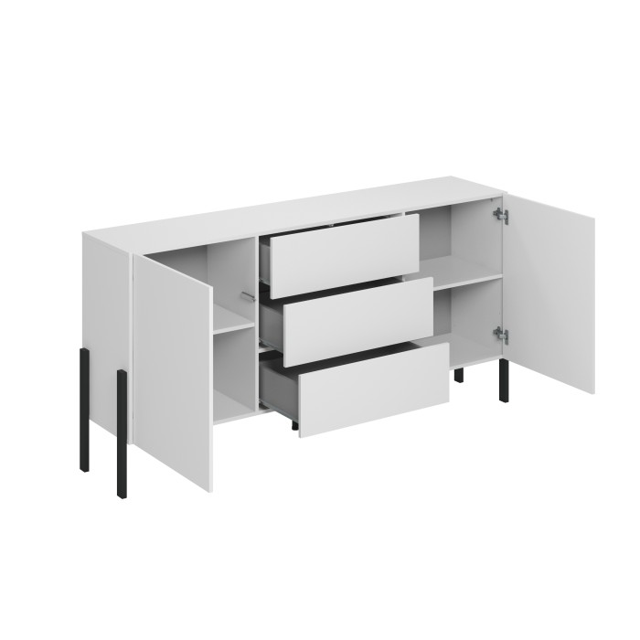 Buffet SALMA 2 portes & 3 tiroirs Push-to-Open – Blanc Super Matt & Noir Mat, 184×90×40 cm