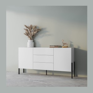 Buffet SALMA 2 portes & 3 tiroirs Push-to-Open – Blanc Super Matt & Noir Mat, 184×90×40 cm