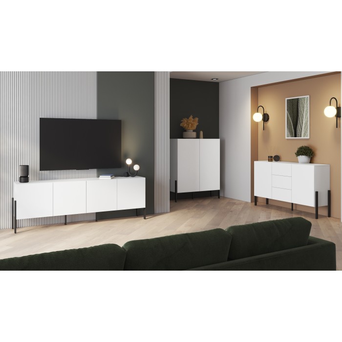 Buffet SALMA 2 portes & 3 tiroirs Push-to-Open – Blanc Super Matt & Noir Mat, 184×90×40 cm