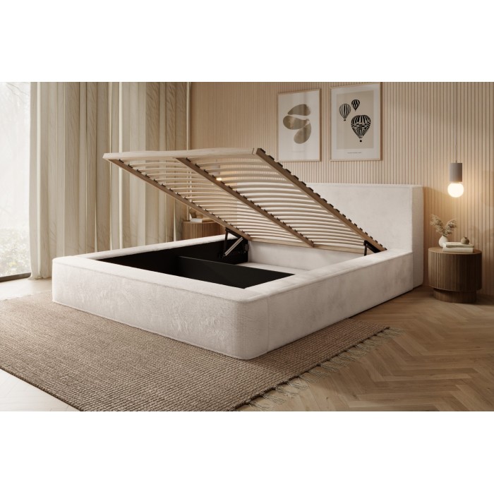 Lit coffre ORLANE – Beige Sable nacré polaire – 140x200 cm – Sommier relevable – Design haut de gamme 