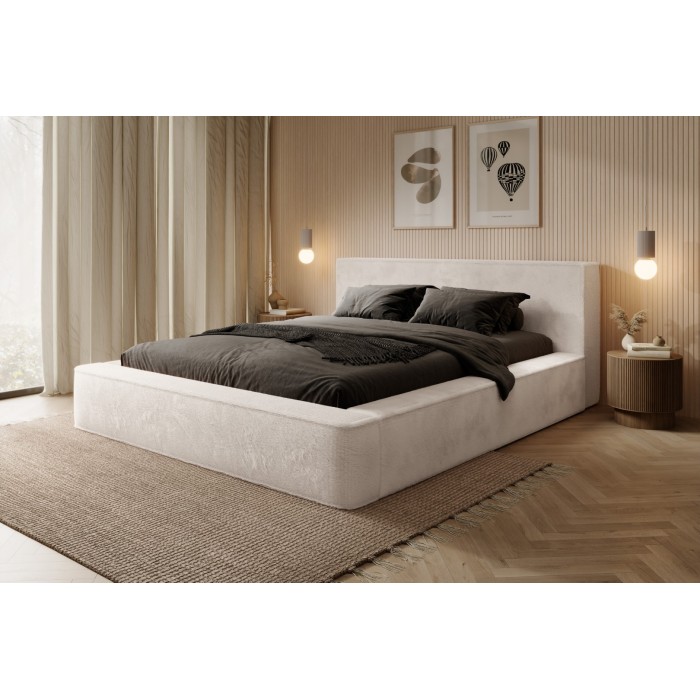 Lit coffre ORLANE – Beige Sable nacré polaire – 180x200 cm – Sommier relevable – Design haut de gamme 