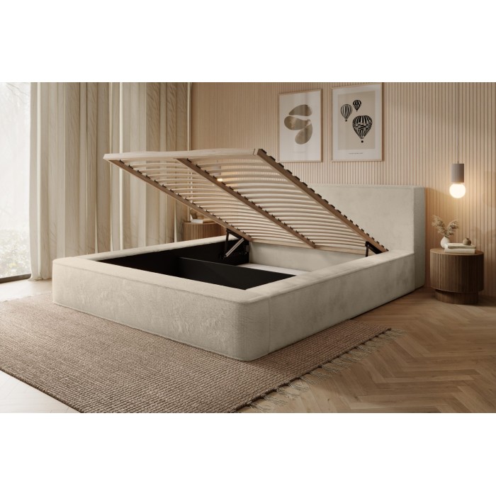 Lit coffre ORLANE – Beige Velours de dune – 160x200 cm – Sommier relevable – Design haut de gamme 