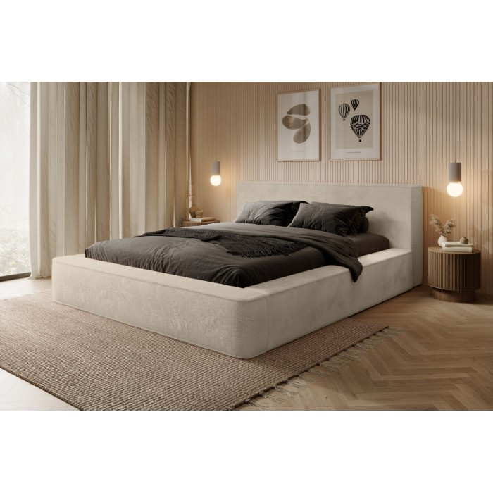 Lit coffre ORLANE – Beige Velours de dune – 180x200 cm – Sommier relevable – Design haut de gamme 